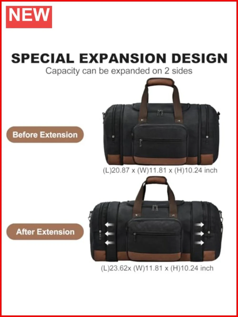 Canvas Travel Duffel Bag 50L Expandable Carry On Weekend Gym Luggage